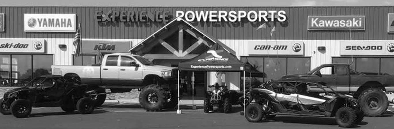 Black and white banner image of Experience Powersports' Storefront in Moses Lake, WA
